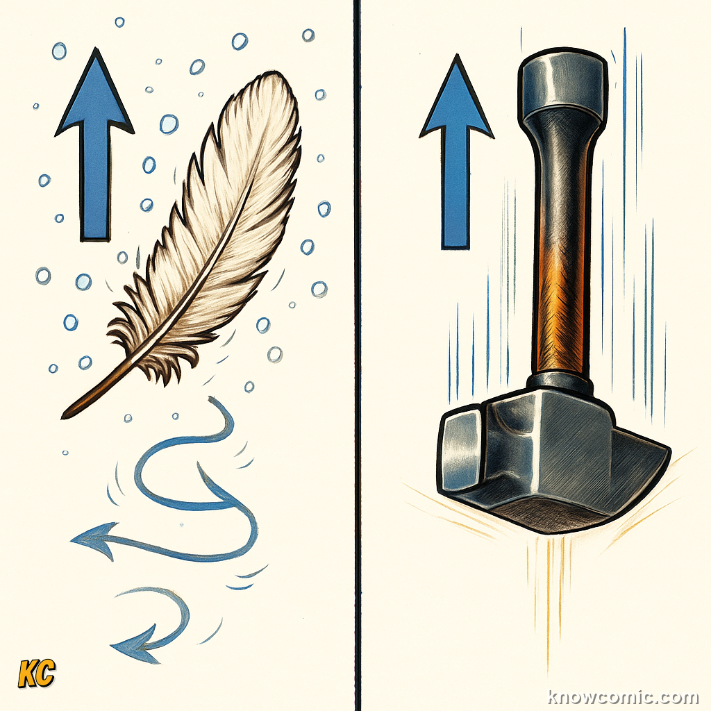 Feather versus hammer falling through air — the feather's large surface area catches air molecules and falls slowly, while the heavy hammer cuts through air and drops fast