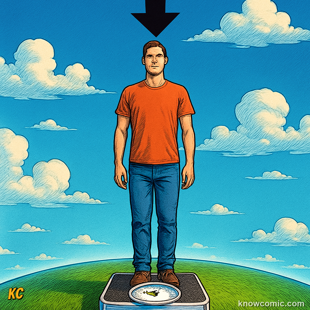 A person on Earth with mass 70 kg weighing 686 Newtons — Earth's gravity pulls at 9.8 metres per second squared, and weight equals mass times gravity