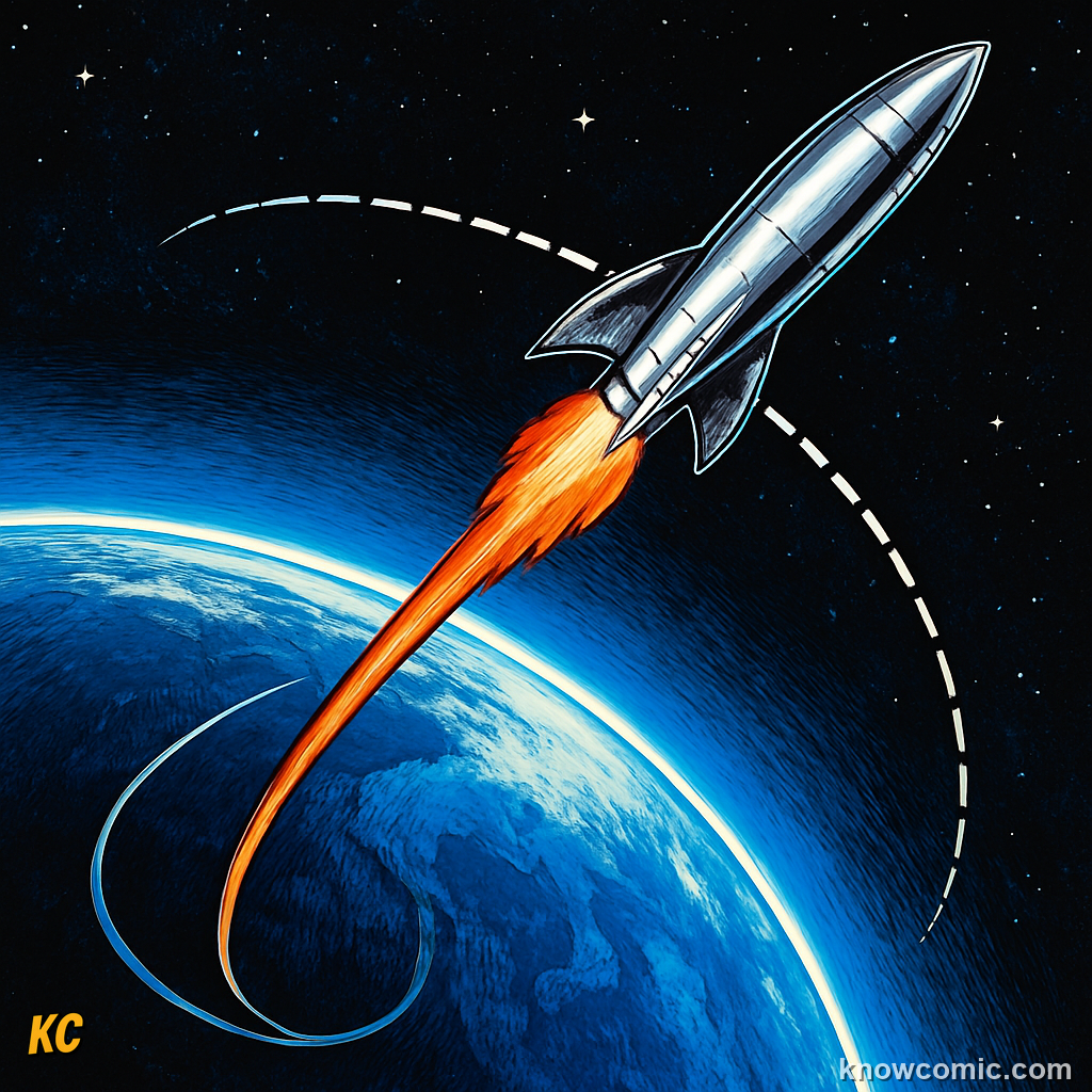 Rocket showing escape velocity: 11.2 km per second to leave Earth's gravity permanently — the Moon needs only 2.4 km per second and the Sun needs 617.5 km per second