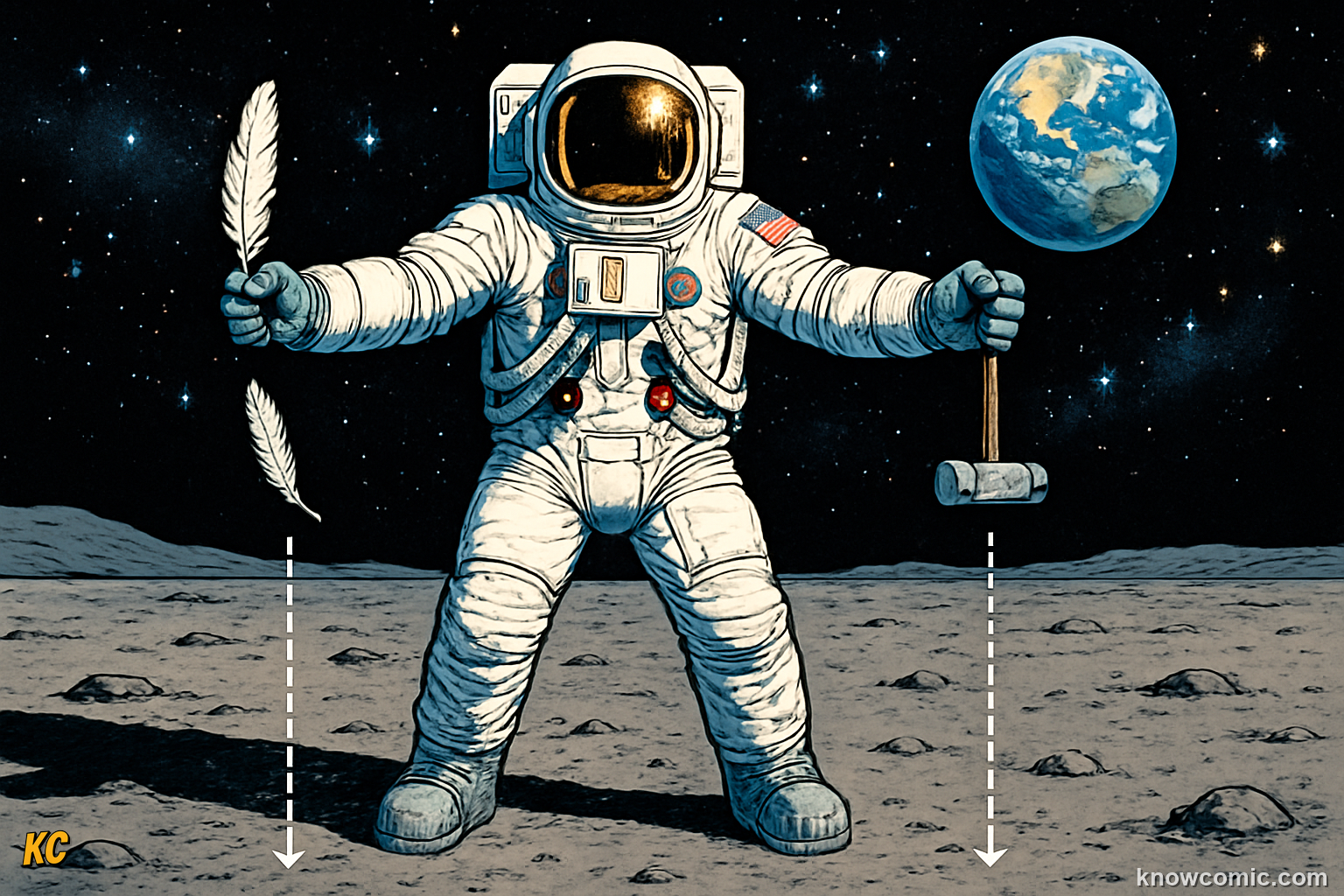 Apollo 15 astronaut Dave Scott dropping a bird feather and a geology hammer on the Moon in 1971 — with no atmosphere both hit the lunar surface at exactly the same time, proving Galileo's prediction