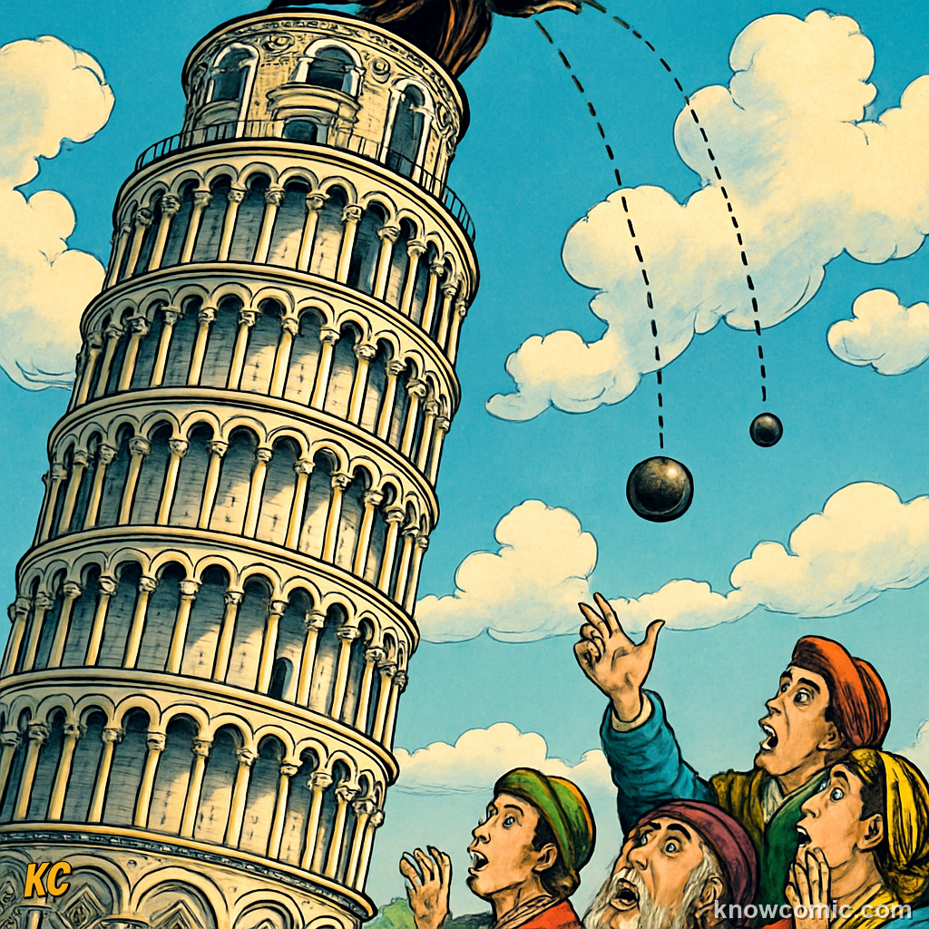 Galileo dropping balls of different masses from the Leaning Tower of Pisa — both hit the ground together, disproving Aristotle's 2000-year belief that heavier objects fall faster