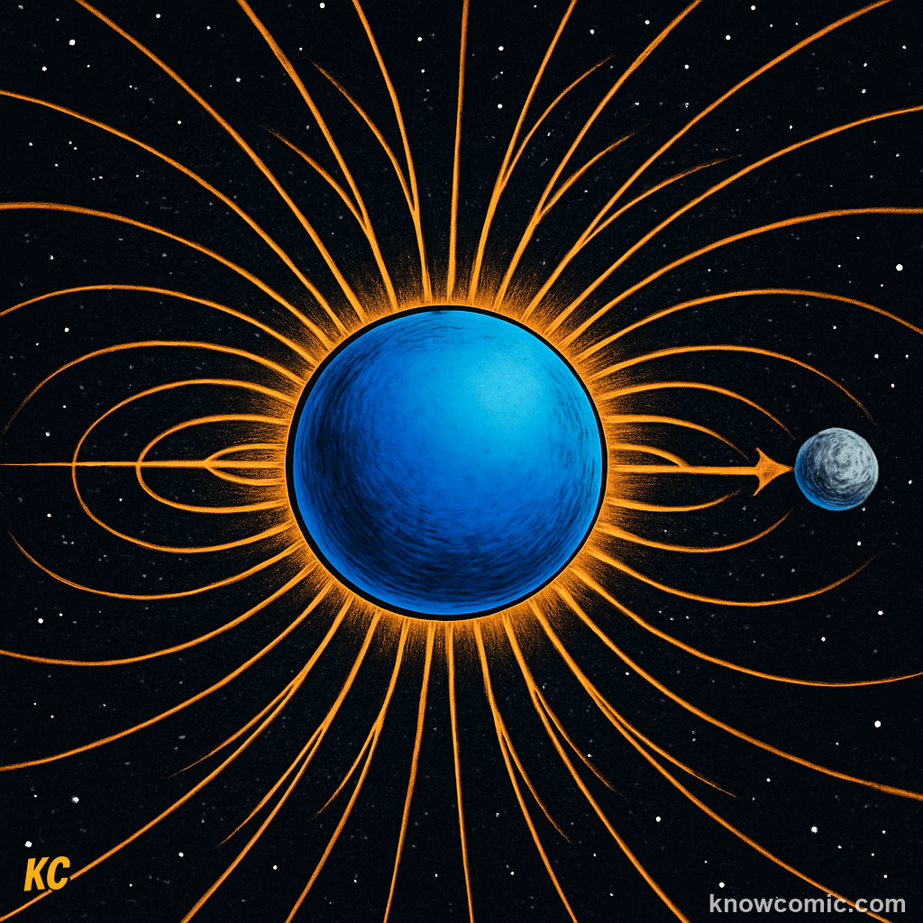 Gravity field diagram showing lines of force radiating toward a massive object — bigger mass means stronger gravity, and farther away means weaker gravity