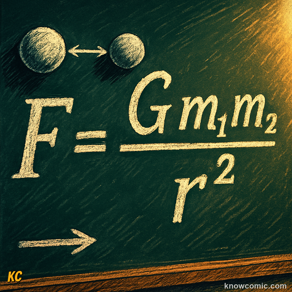 Newton's Universal Law of Gravitation formula: F equals G times m1 times m2 divided by r squared — G is the gravitational constant, m1 and m2 are the two masses, r is the distance between them