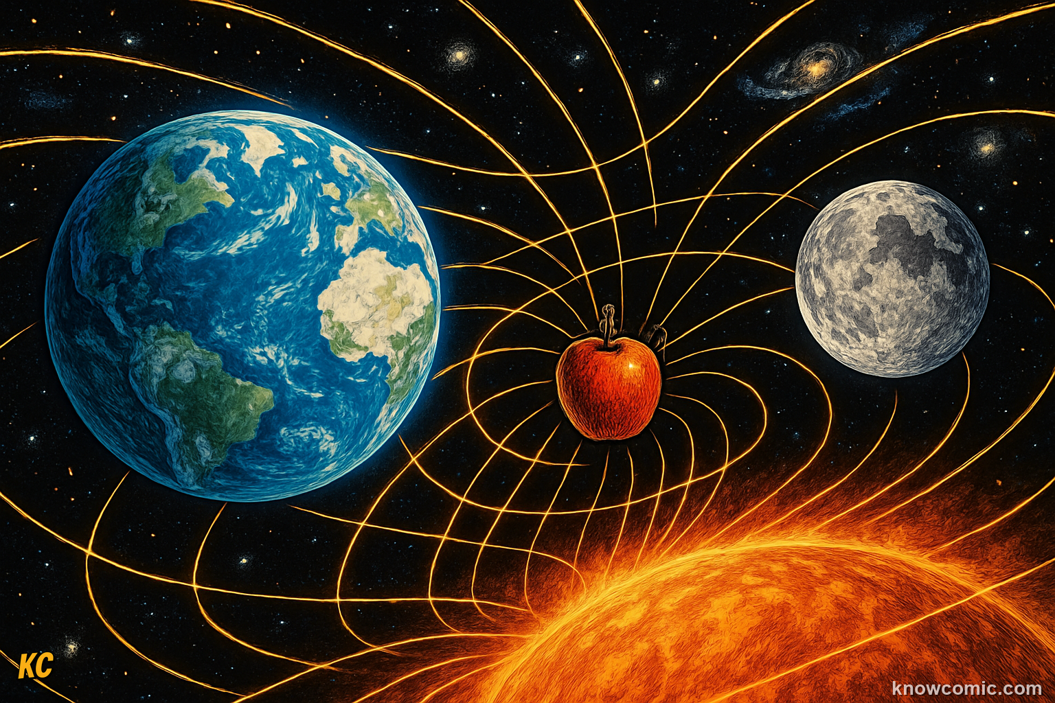 Gravity pulling objects toward Earth — every object in the universe attracts every other object, the invisible force behind falling apples, orbiting moons, and galaxies