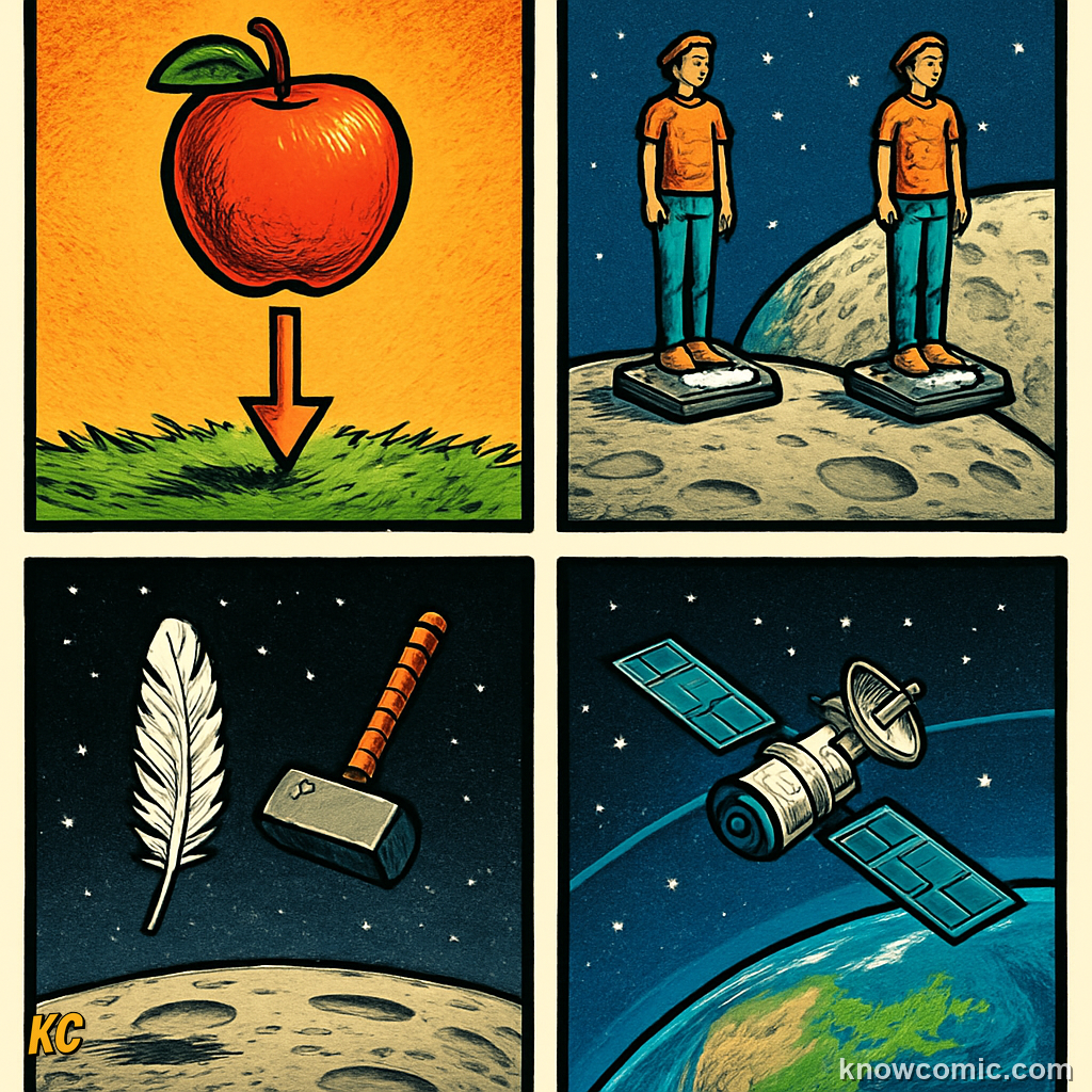 Summary of gravity key concepts: all masses attract each other, mass is constant but weight changes by planet, feather and hammer fall equally without air, and orbiting is falling sideways
