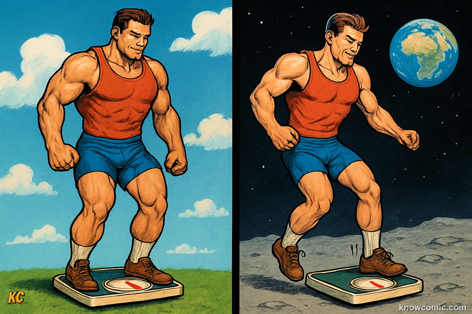 Mass versus weight comparison: mass is how much matter is in you (constant everywhere), weight is the gravitational force pulling you (changes on each planet)