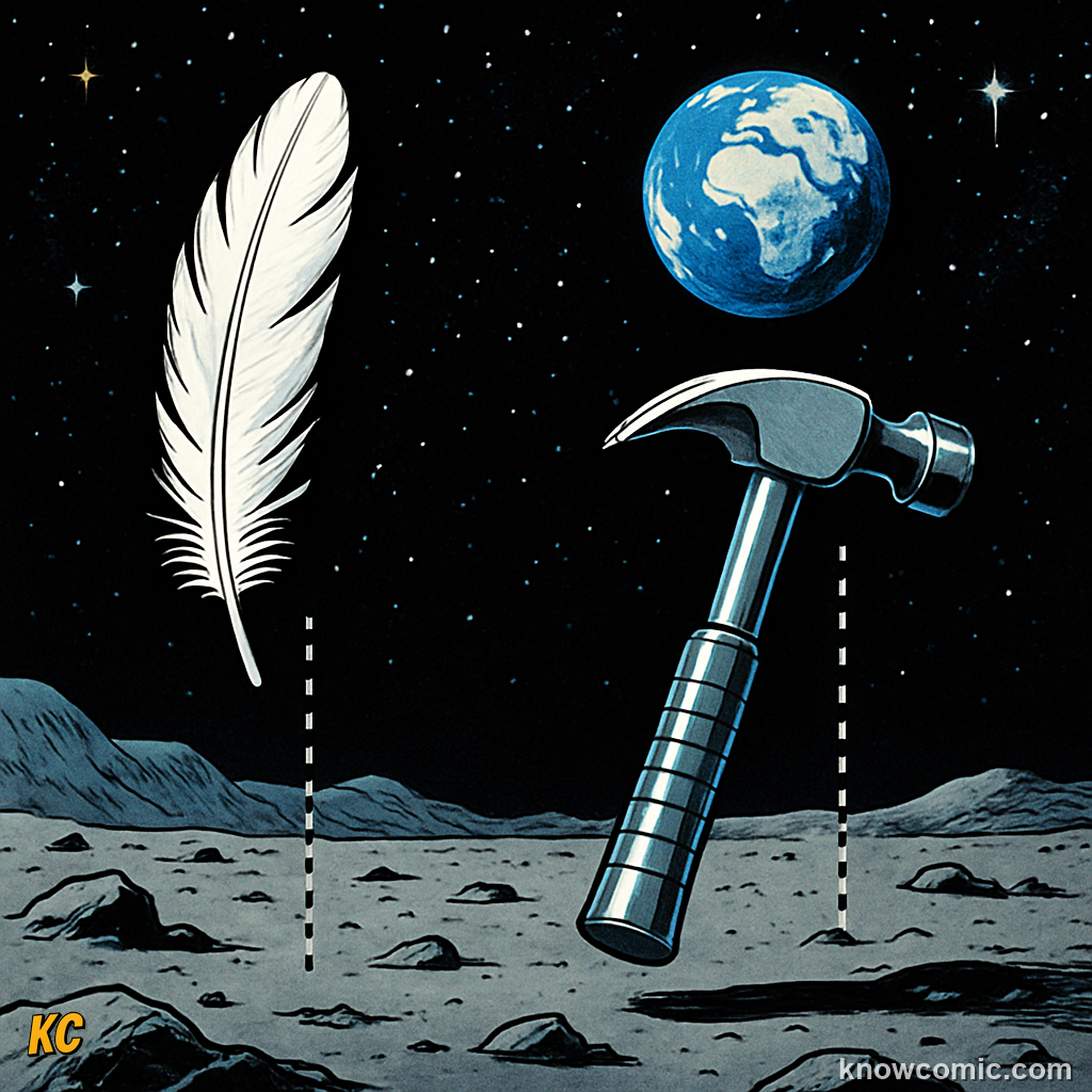 Feather and hammer falling identically on the Moon's surface — no atmosphere means zero air resistance so both objects hit the ground at exactly the same time
