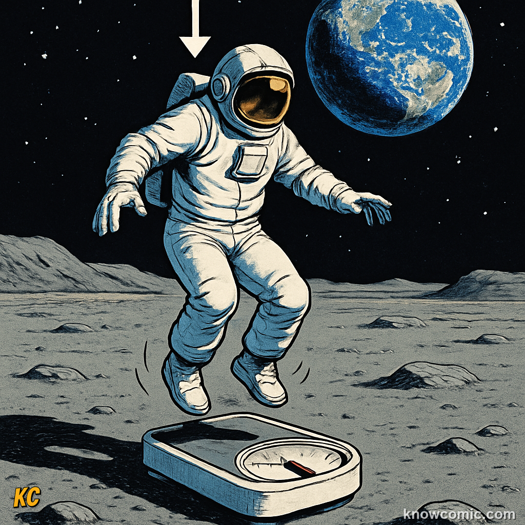 Same 70 kg person on the Moon weighing only 114 Newtons — the Moon's gravity is just 1.62 m per second squared, making you six times lighter than on Earth
