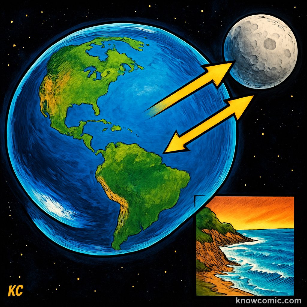 Ocean tides caused by the Moon's gravitational pull — the Moon creates two bulges in Earth's oceans, one facing the Moon and one on the far side, producing two high tides every 24 hours