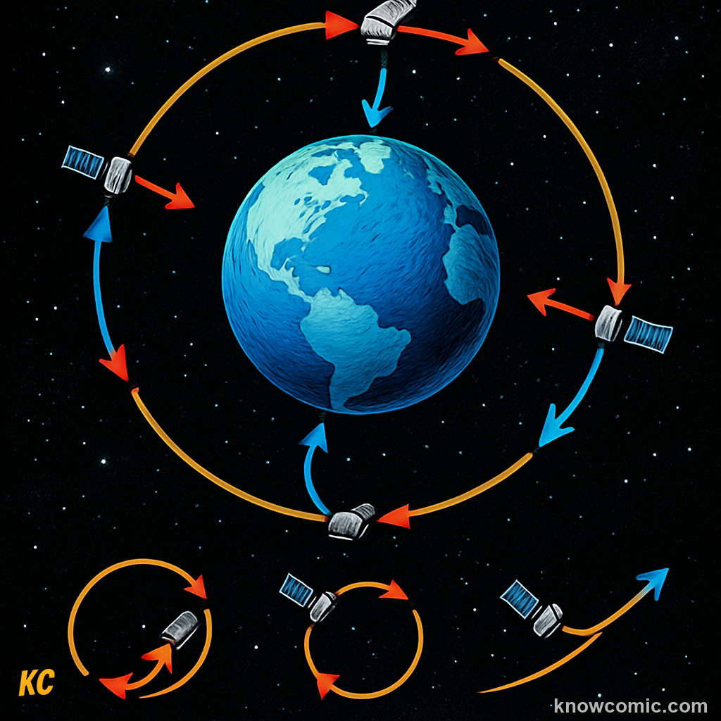 Orbit diagram showing how a satellite stays in orbit by moving sideways fast enough that the curved Earth falls away beneath it at the same rate it falls — go too slow it falls in, too fast it flies off