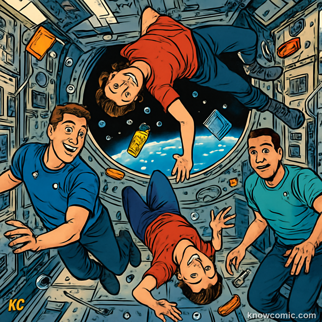 Astronauts floating inside the International Space Station — they appear weightless because the station and everything inside are all falling around Earth together at the same speed