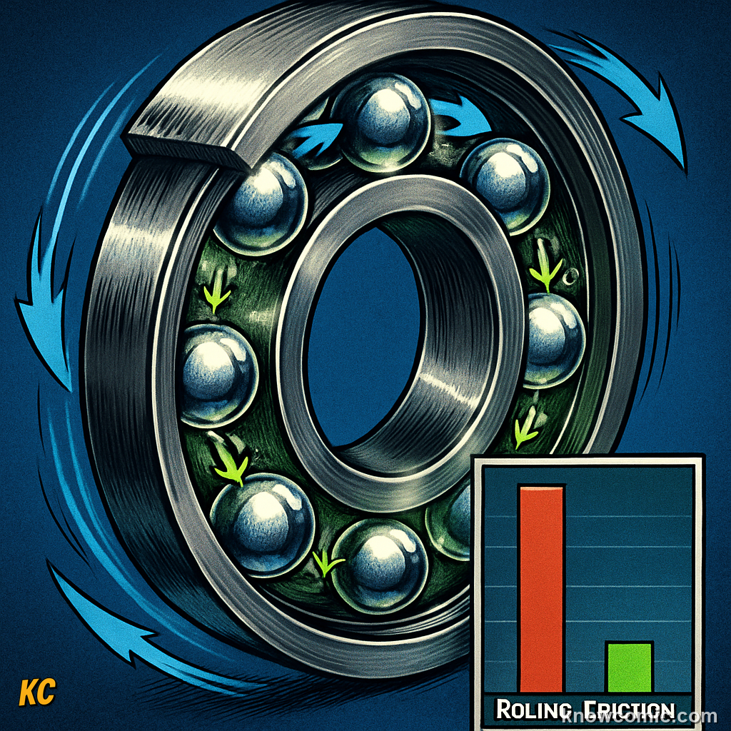 Steel ball bearings inside a wheel hub — the rolling balls replace sliding friction with much smaller rolling friction, used inside motors, wheels, and hard drives to extend machine life