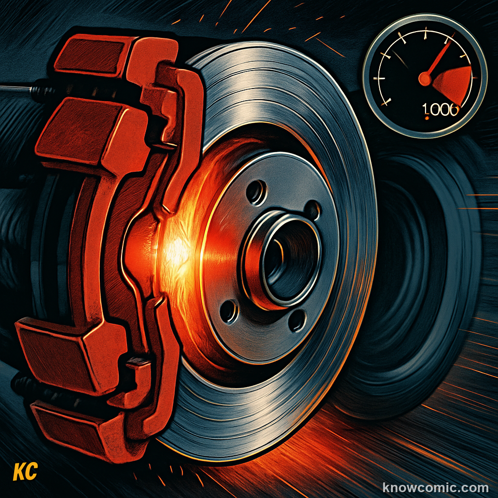 Car brake pads gripping a spinning disc — friction converts the car's kinetic energy into heat, and race car brakes can reach over 1000 degrees Celsius under hard braking