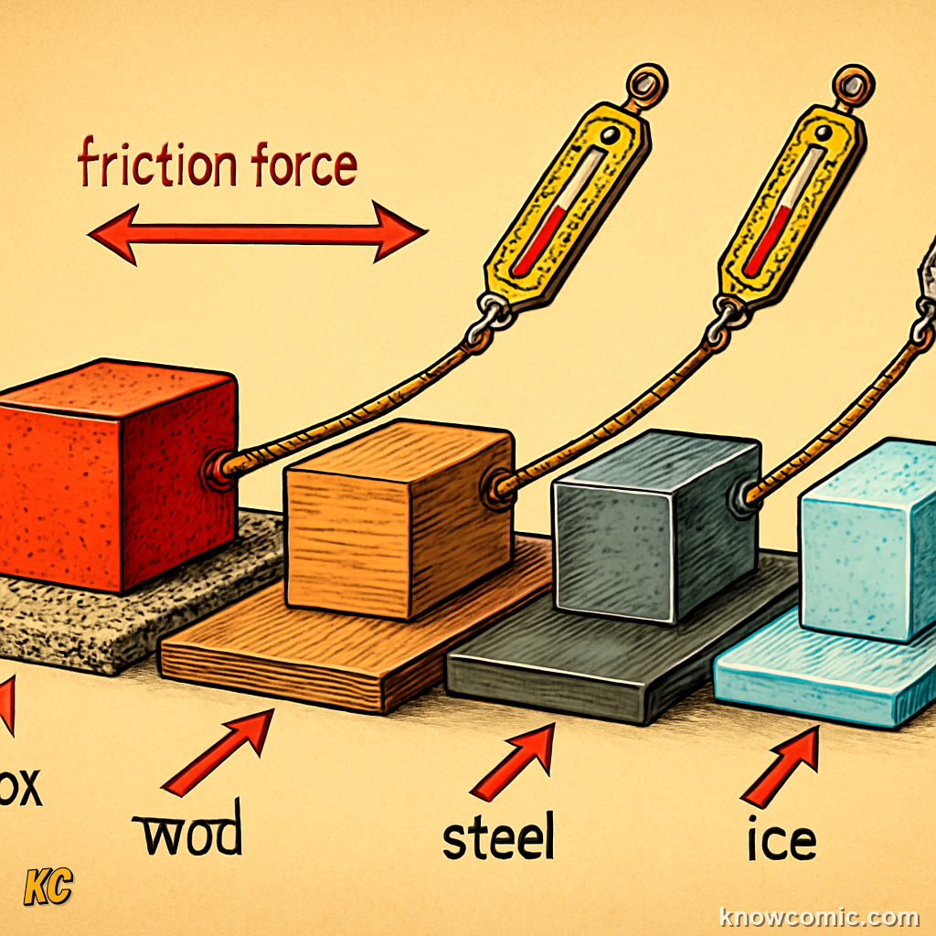 Friction formula F equals mu times N — mu is the coefficient of friction (how grippy the surfaces are) and N is the normal force (how hard they press together)