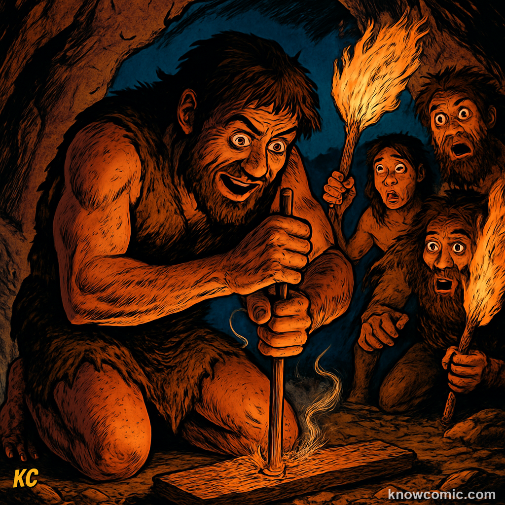 Prehistoric humans rubbing sticks together to create fire — one of the earliest uses of friction, converting rubbing motion into heat hot enough to ignite tinder