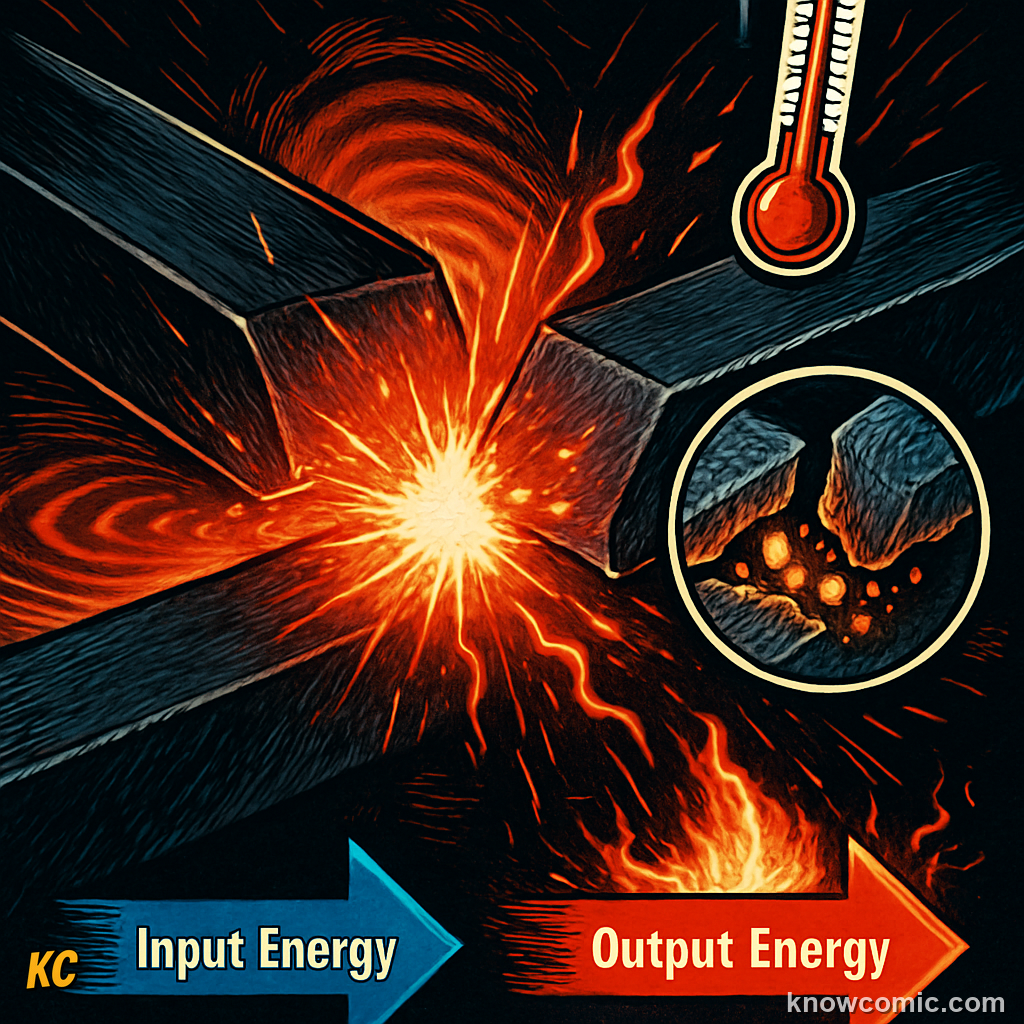 Friction generating heat — rubbing hands together, brake pads glowing, a spacecraft nose heating on re-entry, showing how friction converts motion energy into heat and wear