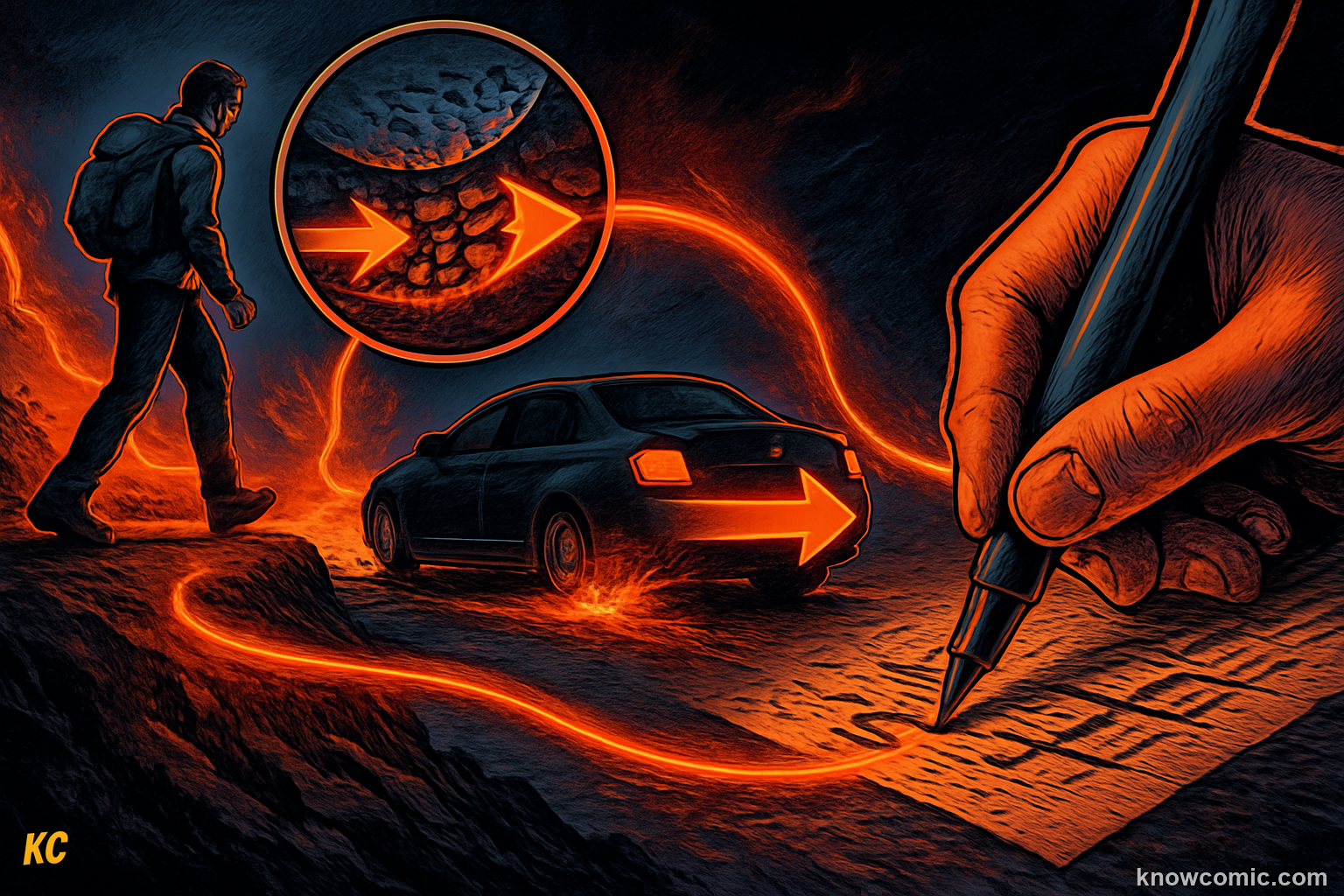 Friction in action — shoes gripping a sidewalk, a pen dragging across paper, and brake pads gripping a disc, showing how the sideways force between surfaces slows every slide