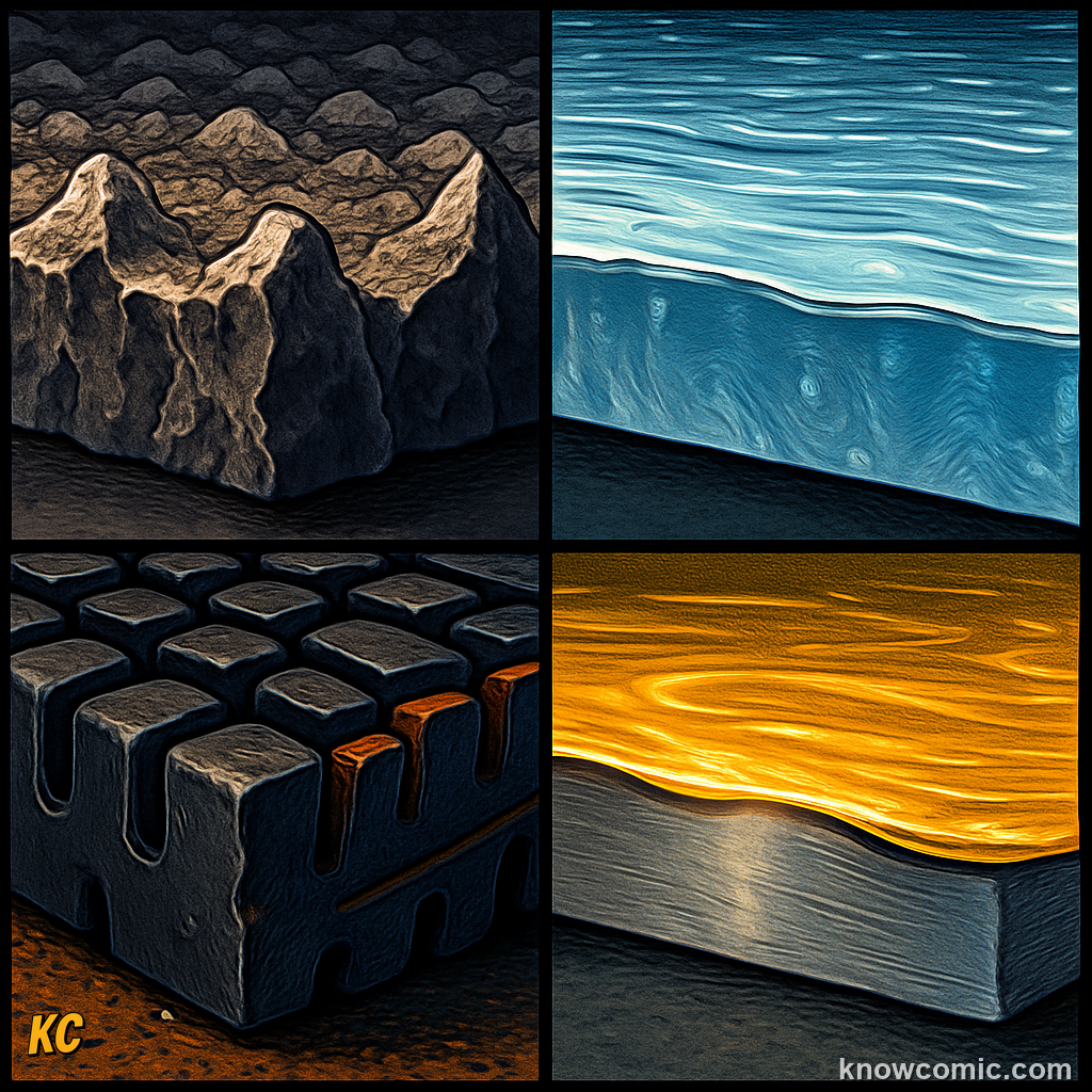 Microscopic view of two surfaces — even seemingly smooth materials have tiny bumps and ridges that catch on each other, creating friction when they press together and slide
