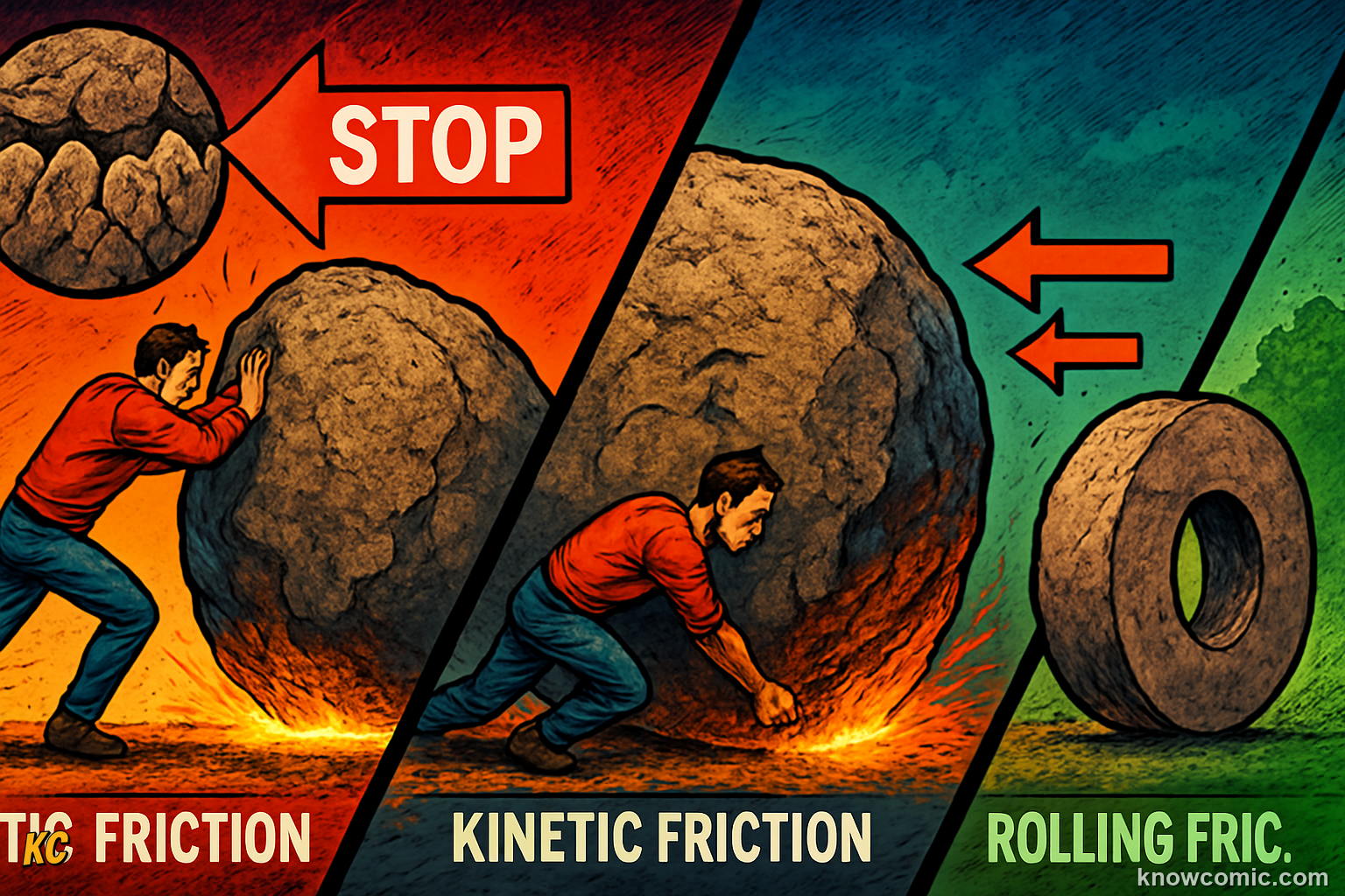 Three types of friction compared: static friction (object at rest, hardest to overcome), kinetic friction (object sliding, less than static), and rolling friction (wheel rolling, smallest of the three)