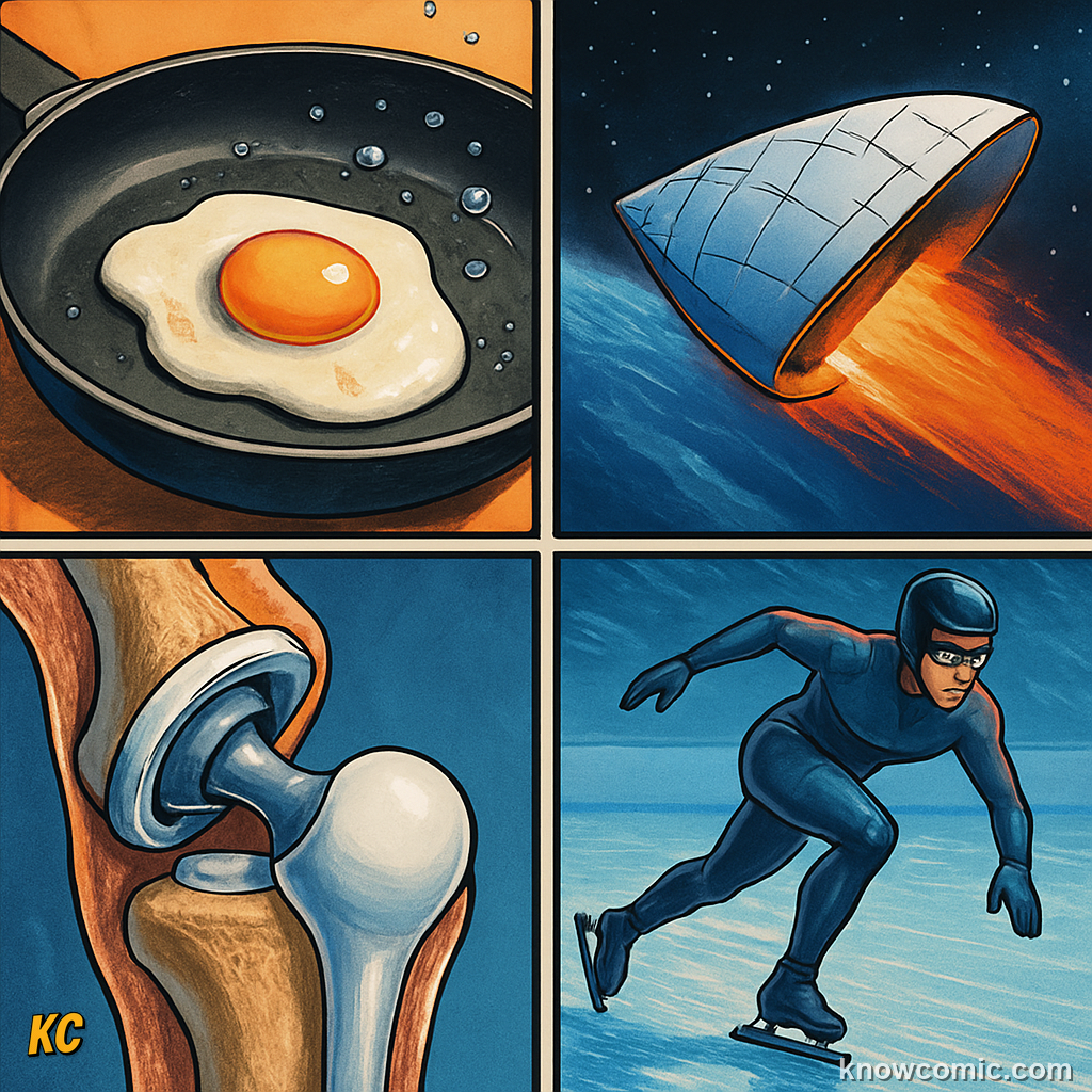 Teflon non-stick pan coating and spacecraft re-entry tiles — Teflon is the lowest-friction solid known, used in non-stick cookware, medical implants, and space vehicle surfaces to repel friction