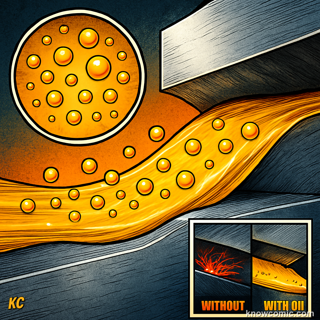 Oil and grease lubricating gears and engine components — a film of lubricant keeps surfaces from touching directly, drastically reducing friction and wear in motors, hinges, and machinery