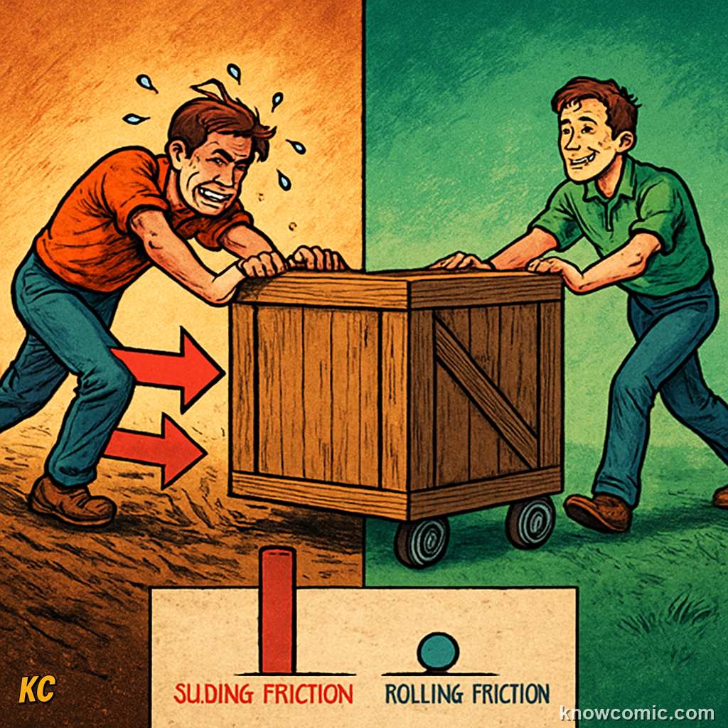 Rolling friction with a wheel or ball on a surface — much smaller than sliding friction, which is why the invention of the wheel was so revolutionary for civilisation