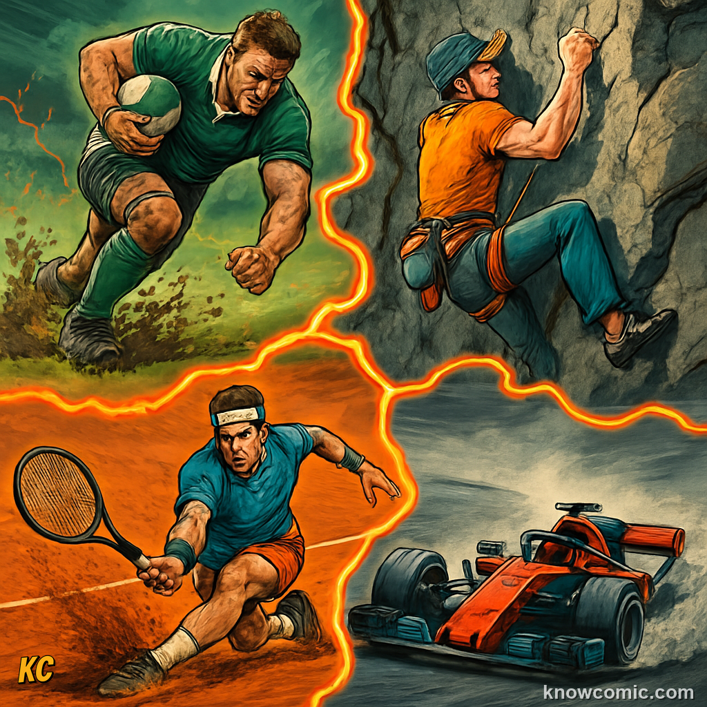 Sports using friction — football studs gripping wet grass, a rock climber using chalk for grip, and racing slick tyres maximising contact with the track for maximum grip