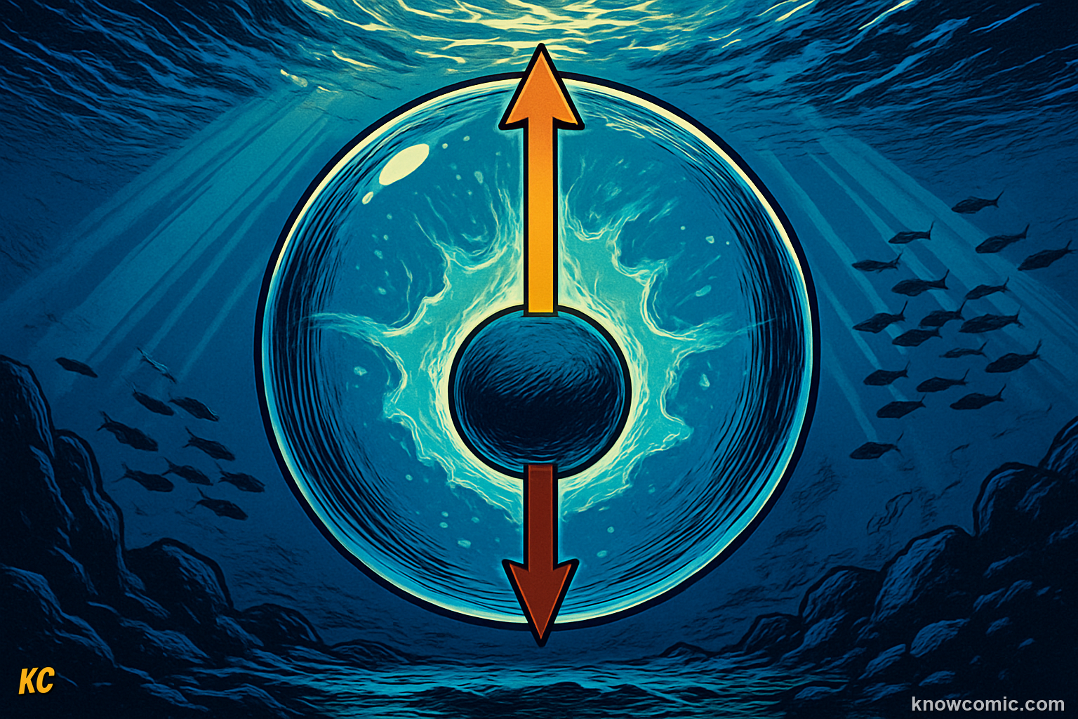 Comic illustration explaining Archimedes' principle, showing that the upward buoyant force equals the weight of fluid displaced by the submerged part of an object