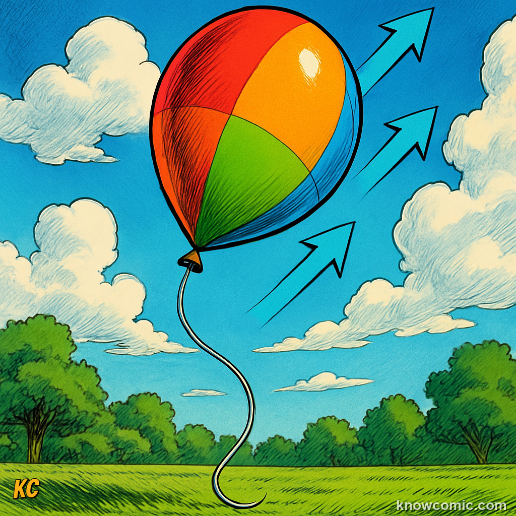 Comic illustration of a helium balloon floating upward in the sky, showing how air acts as a fluid and buoyancy works in gases as well as liquids
