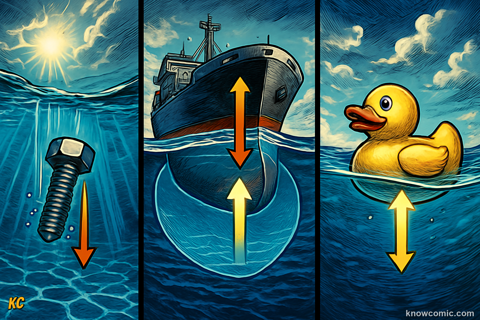 Comic illustration showing a wide steel ship floating on the ocean while tiny objects sink, demonstrating how shape and water displacement create buoyancy