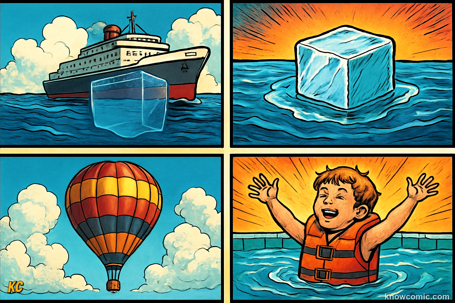 Comic summary illustration reviewing buoyancy concepts: upward push from fluids, water displacement, Archimedes' principle, and how shape determines whether objects float or sink