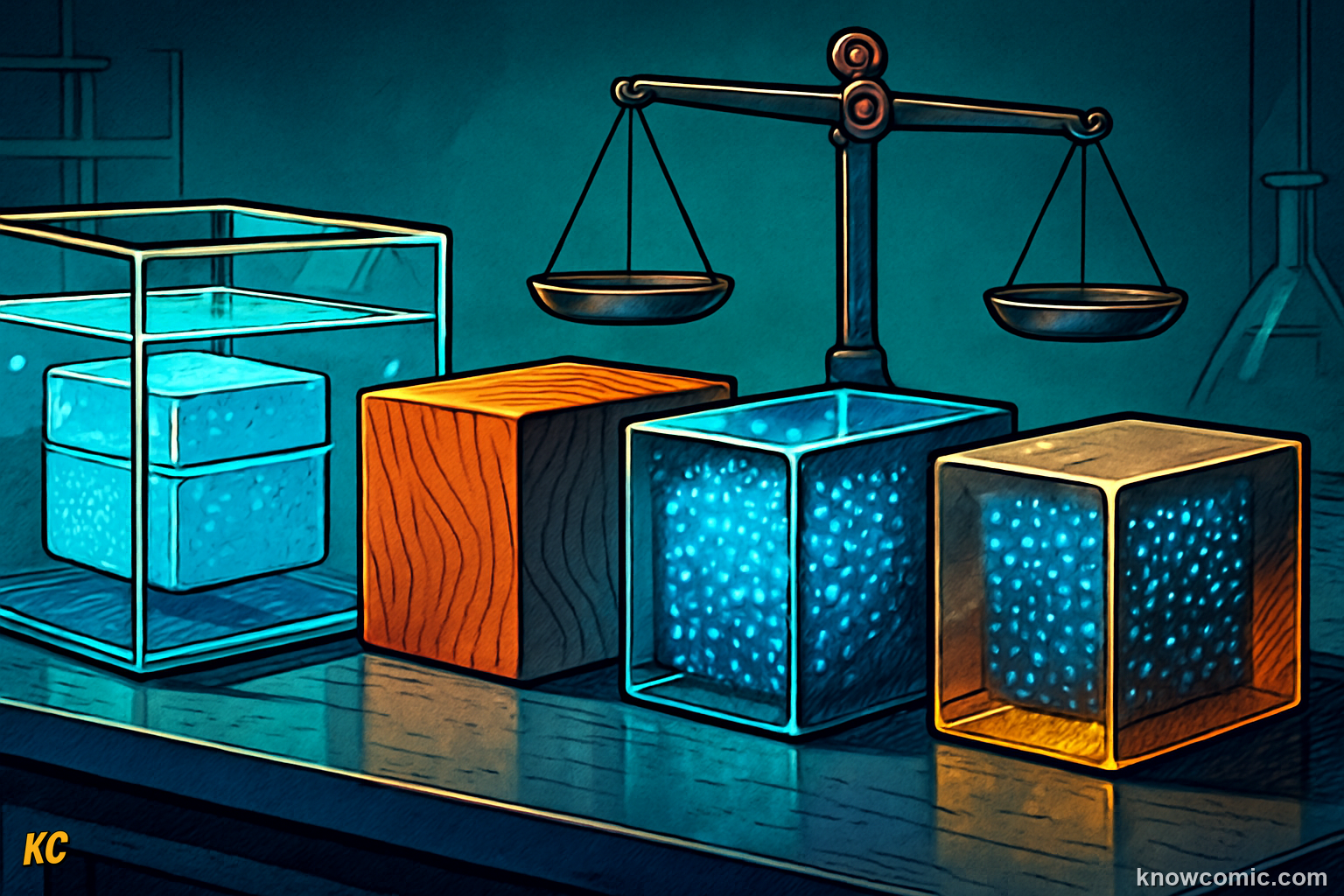 Comic illustration of two same-sized blocks — one light foam and one heavy metal — showing the concept of density as how much mass is packed into a given space