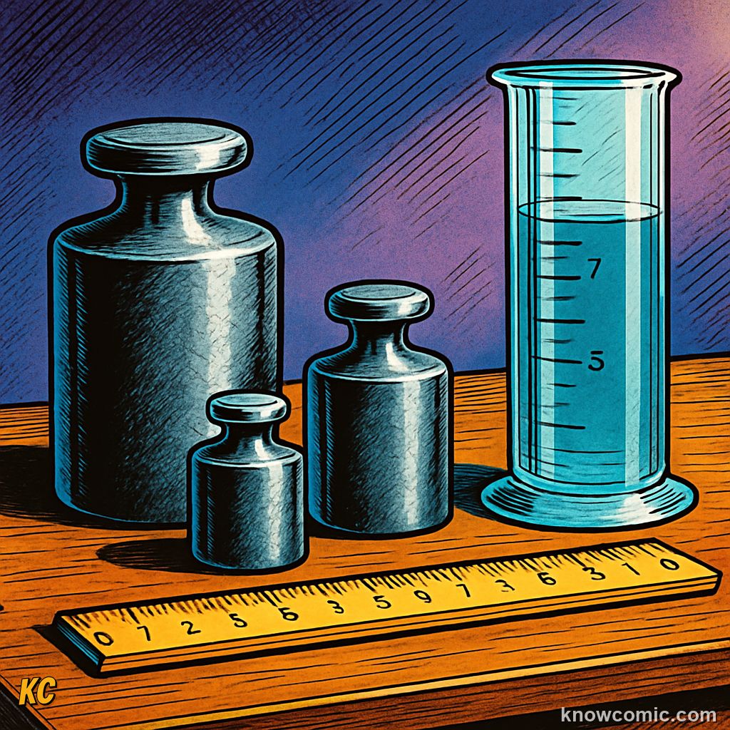 Comic illustration showing the density formula — mass divided by volume — with visual examples of measuring mass and volume for different objects