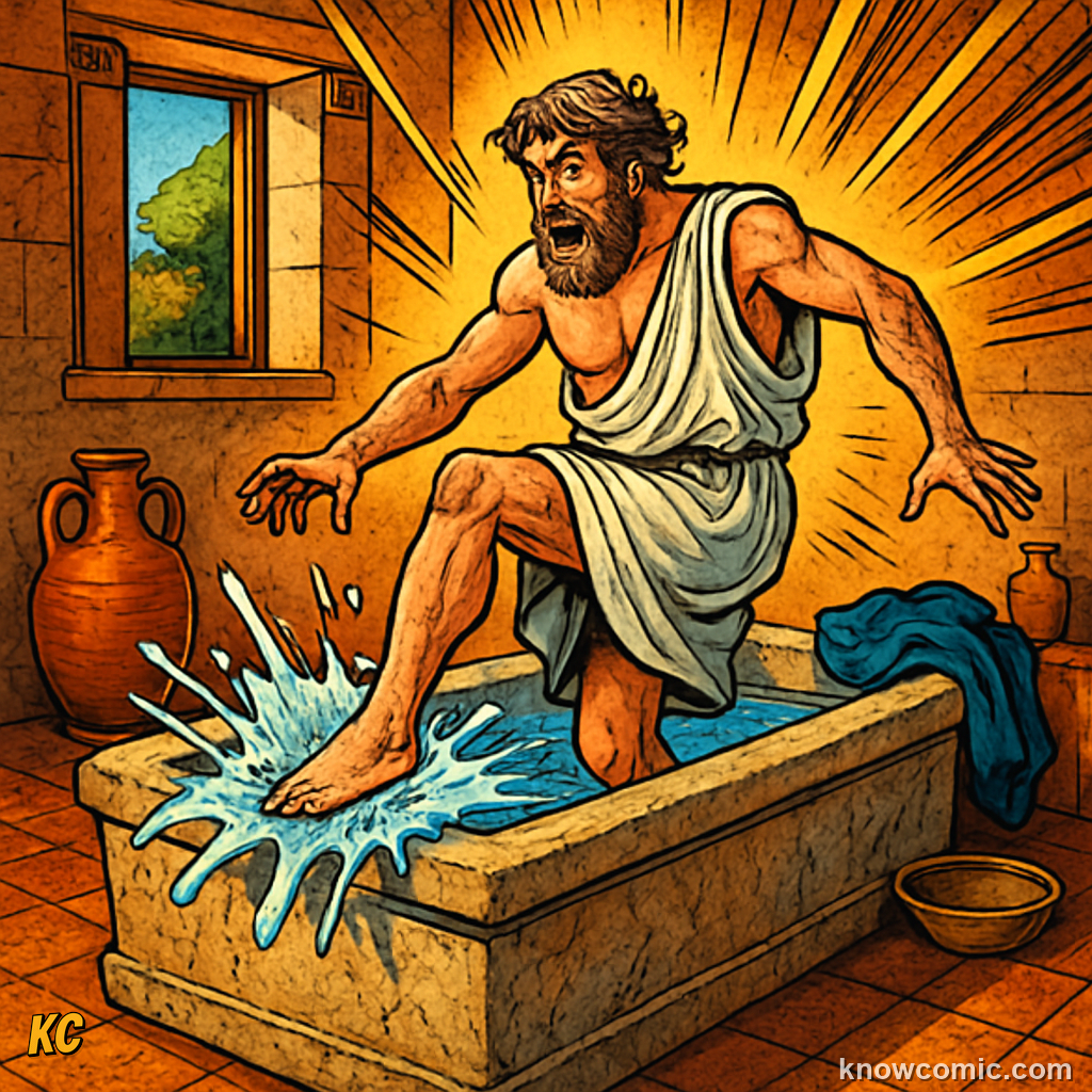 Comic illustration of Archimedes in his bathtub having his famous eureka moment, discovering the principle of water displacement while investigating the king's crown