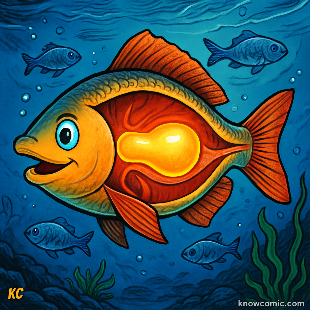 Comic illustration of a fish using its internal swim bladder, showing the gas-filled organ that lets fish control their depth without constant swimming