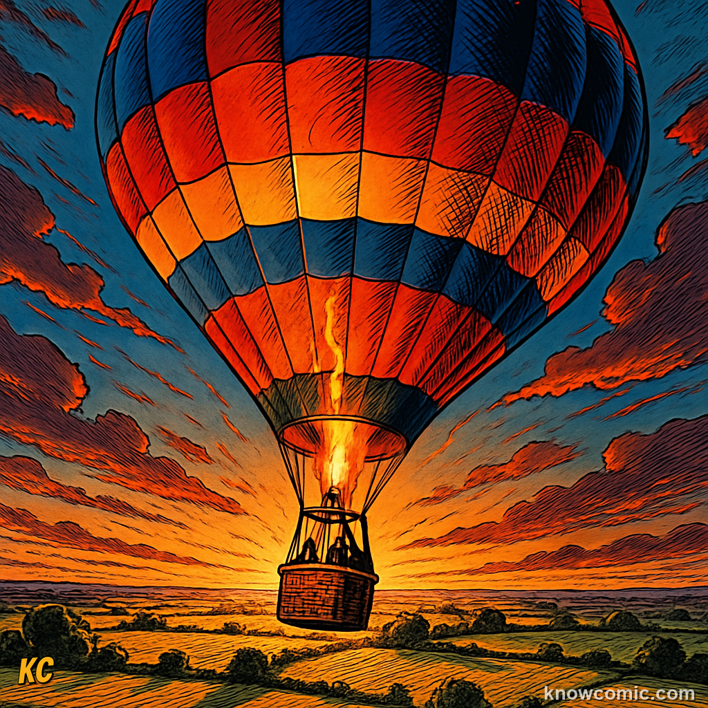 Comic illustration of a hot air balloon rising into the sky, showing how heated air becomes less dense than the cooler surrounding air, creating an upward buoyant force