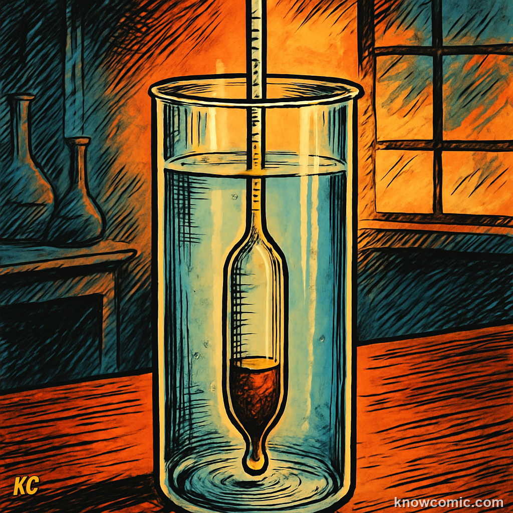 Comic illustration of a hydrometer floating in a liquid, showing how the calibrated glass float sinks deeper in thin liquids and rides higher in dense liquids to measure density