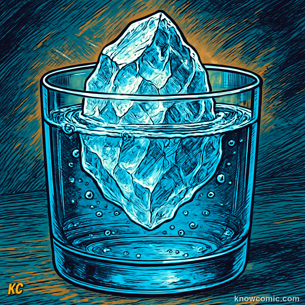 Comic illustration of ice cubes floating on a lake surface, showing that ice is less dense than liquid water, creating an insulating layer that protects fish in winter