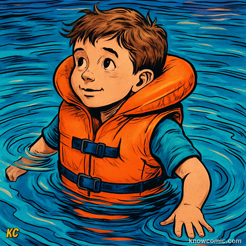 Comic illustration of a child wearing a life jacket in water, showing how foam padding adds buoyant volume without much weight to keep the wearer floating safely