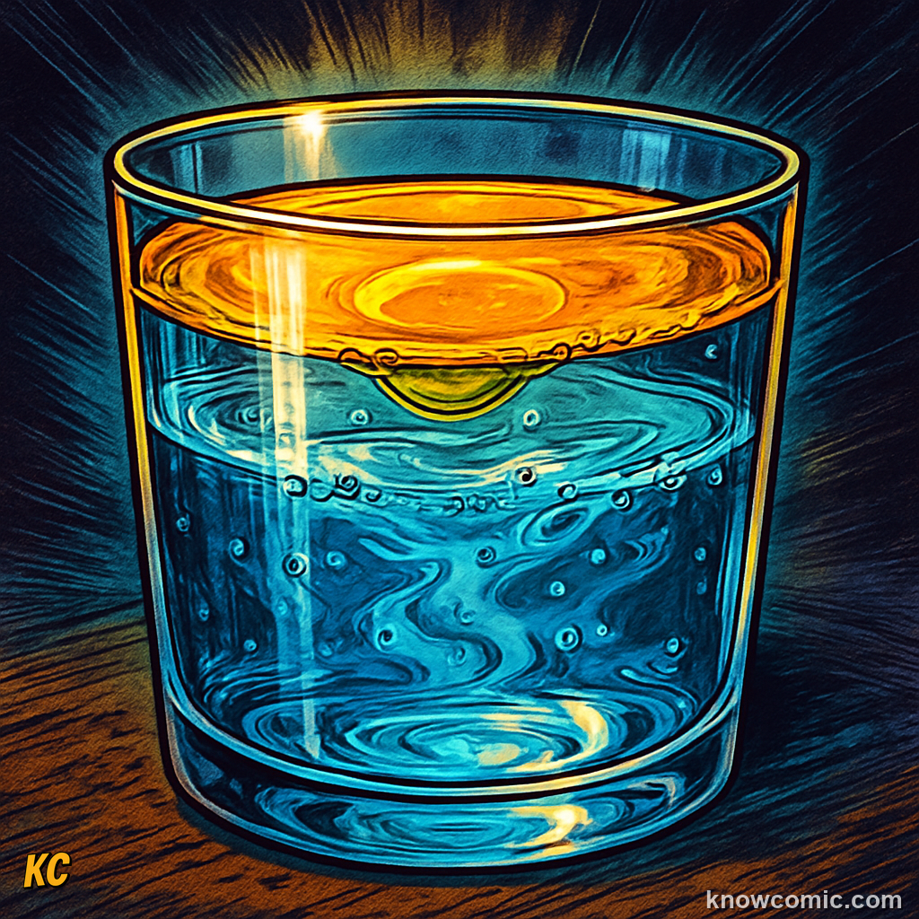 Comic illustration of oil floating on top of water in a glass, showing that oil is less dense than water and forms a separate floating layer