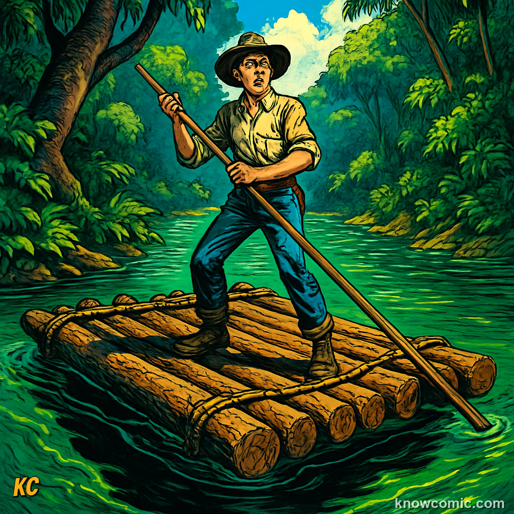 Comic illustration of a log raft floating on a river, showing how the wide flat shape and air pockets between logs create enough water displacement to support a load
