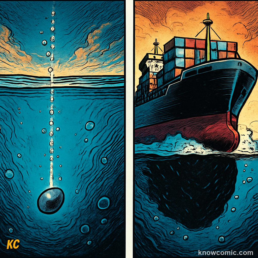 Comic illustration comparing a small dense rock sinking in water versus a wide hollow steel ship floating, showing how the amount of water displaced determines buoyancy