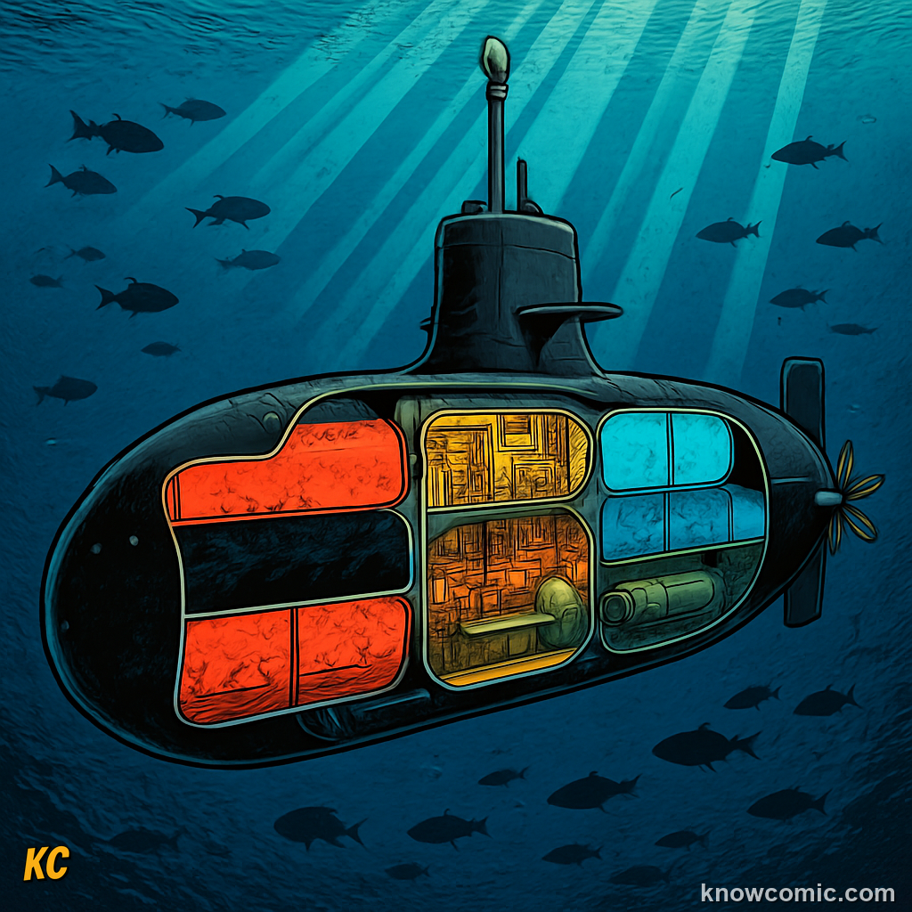 Comic illustration of a submarine adjusting its depth by flooding ballast tanks with water to dive, or pumping them full of air to rise back to the surface