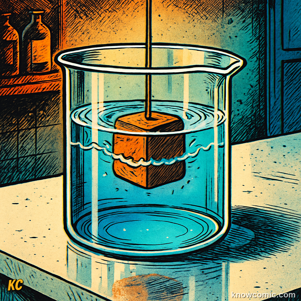 Comic illustration showing a glass of water overflowing as an object is submerged, demonstrating that the volume of displaced water equals the submerged volume of the object