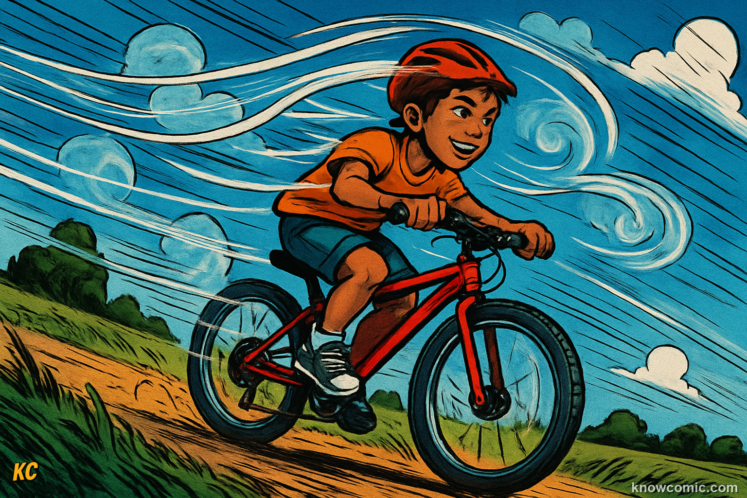 Comic illustration of a child running or cycling through the air, surrounded by invisible air particles pushing back, showing how air resistance is a real force on anything that moves
