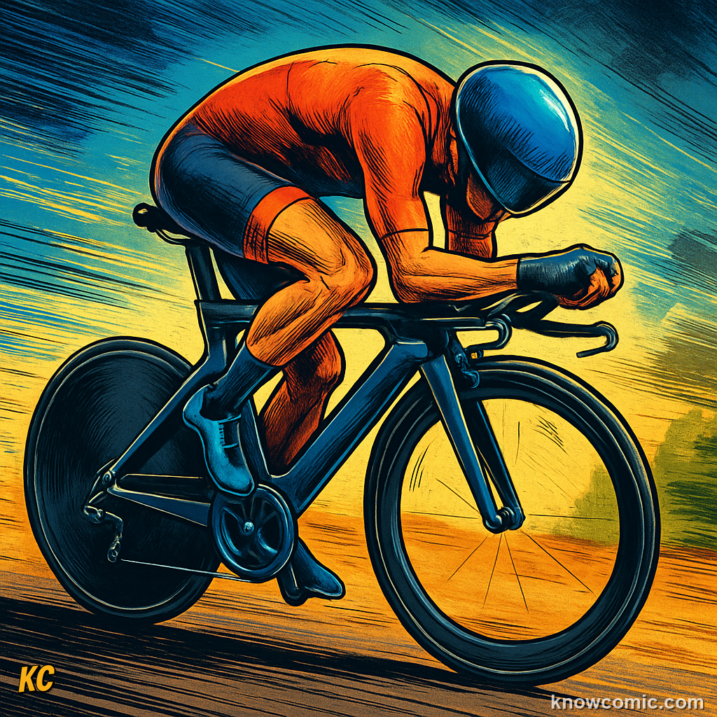 Comic illustration of a racing cyclist in an aerodynamic tuck position, bent low over the handlebars to reduce the frontal area and cut air resistance at high speed
