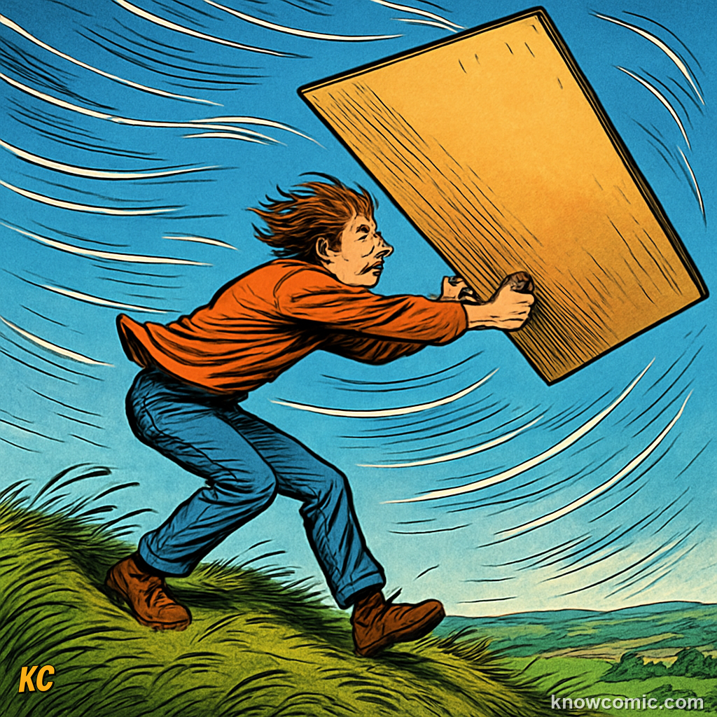 Comic illustration comparing a flat board held against the wind versus a smooth teardrop shape, showing how object shape affects the drag coefficient and the amount of air resistance