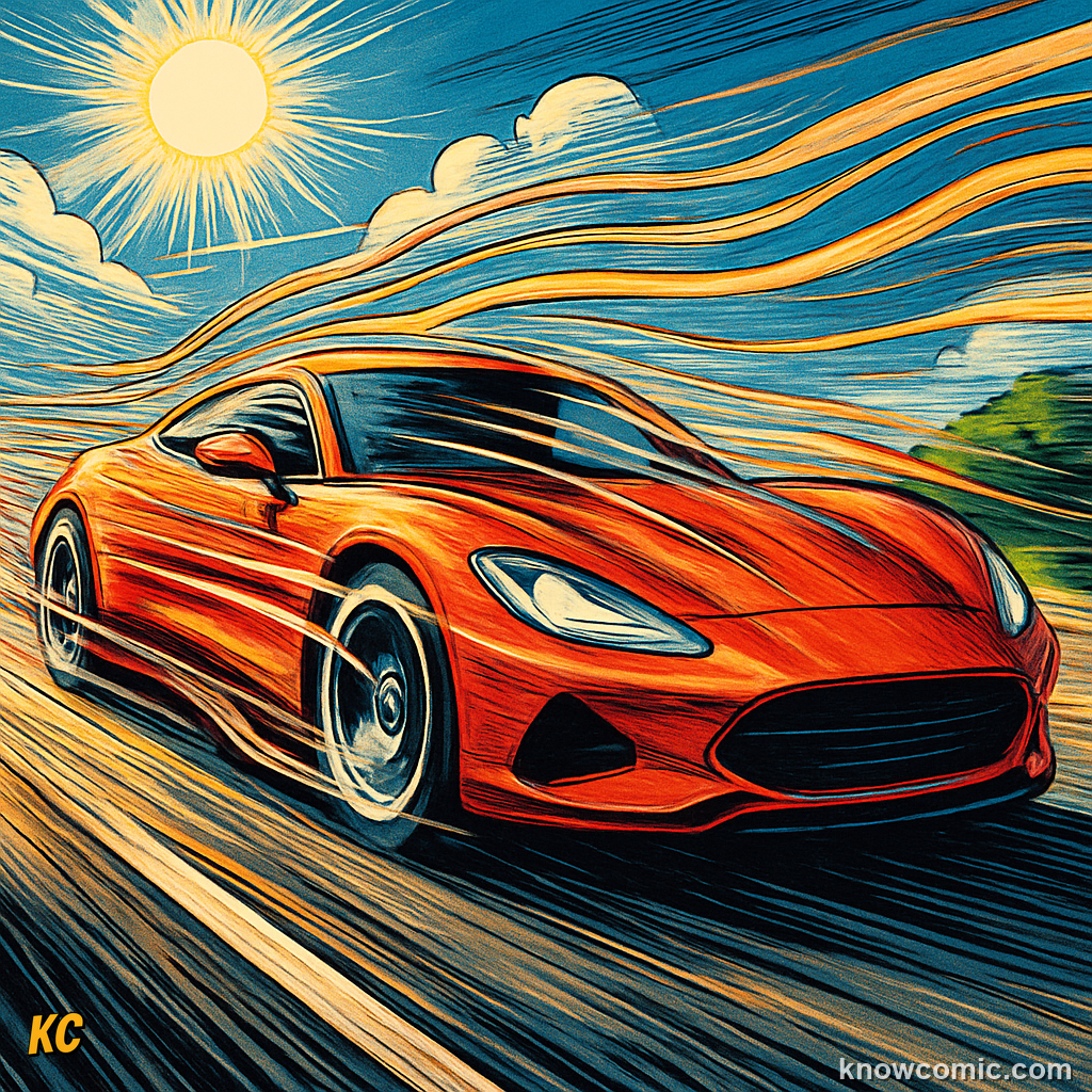 Comic illustration of a fast car pushing through air with visible drag force, showing how higher speed means much more air resistance — with speed squared, not a simple doubling
