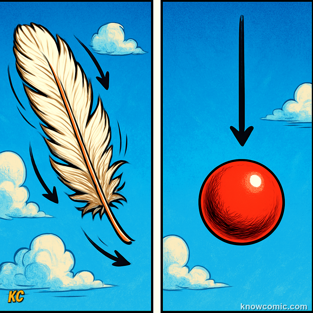 Comic illustration of a feather drifting slowly and a ball falling faster side by side, showing how air resistance affects light objects much more than heavier ones