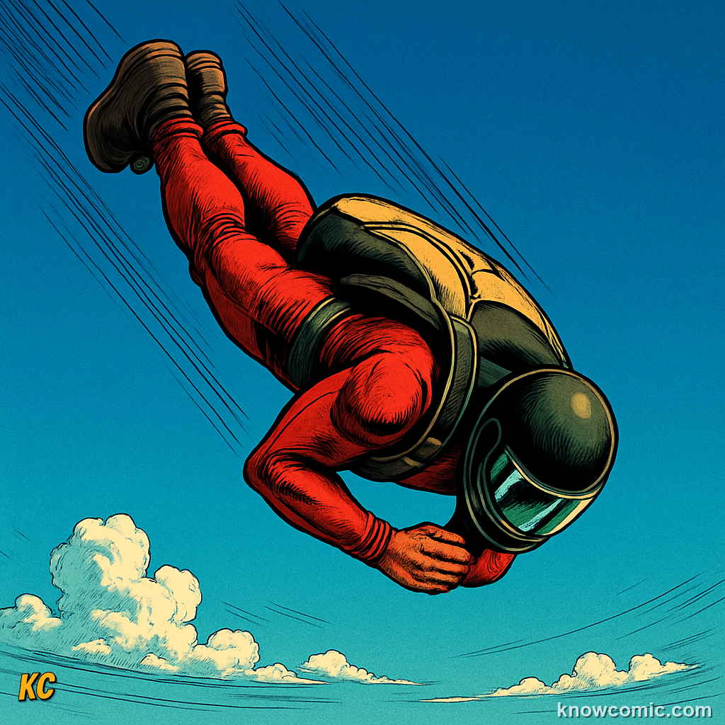 Comic illustration of a skydiver in a tight tucked freefall position before opening the parachute, showing how a smaller body area means less drag and faster freefall speed